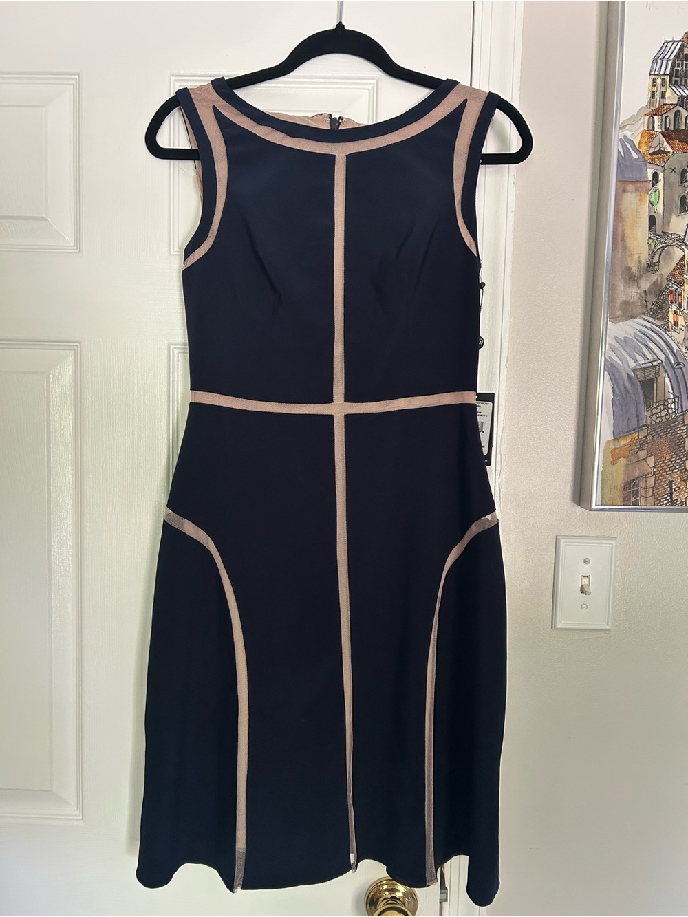 Adrianna Papell navy fit and flare dress with cream mesh details